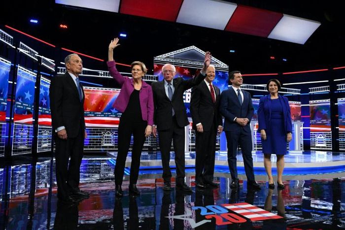 US presidential hopeful Mike Bloomberg (L), the former mayor of New York, joined his fellow Democrats on stage for the first time for their ninth debate of the party's nomination process on February 19