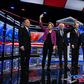 US presidential hopeful Mike Bloomberg (L), the former mayor of New York, joined his fellow Democrats on stage for the first time for their ninth debate of the party's nomination process on February 19
