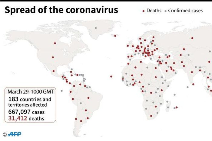 Countries and territories with confirmed new coronavirus cases as of March 29 at 1000 GMT