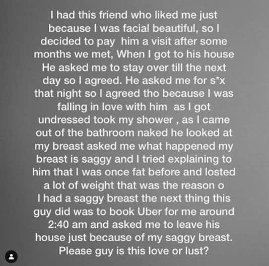 Lady narrates how a fully charged man lost erection and drove her out after seeing her saggy breasts