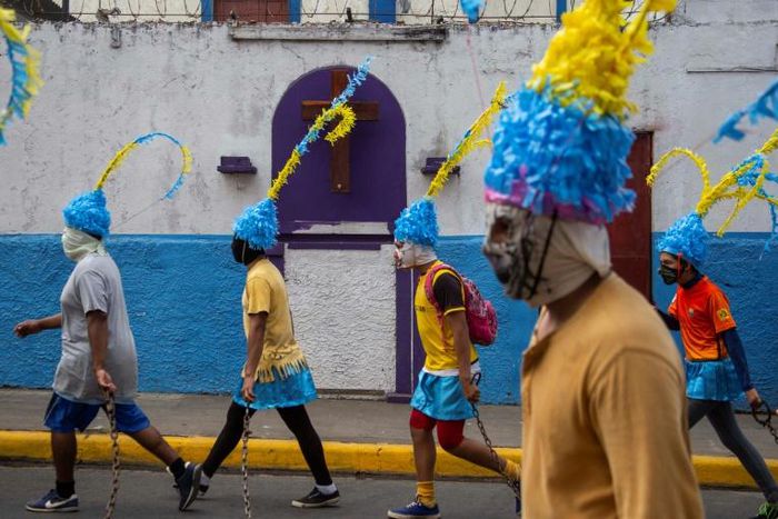 A group of men taking part in the "Judea of Masatepe" procession, a tradition in the Nicaraguan city near the capital Managua