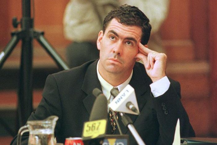 In a fix: Hansie Cronje ponders a point during his cross-examination at the King Commission of Inquiry into allegations of match-fixing in 2000