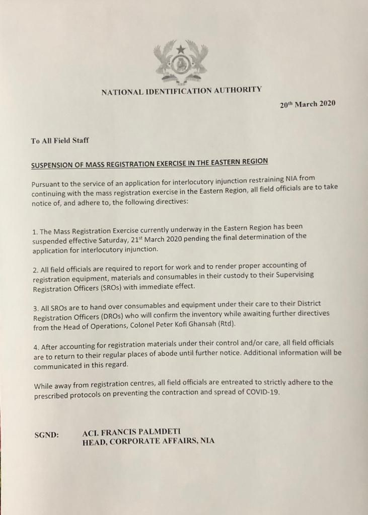 NIA suspends mass registration following court injunction