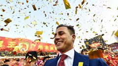 Fabio Cannavaro celebrates after sealing the Chinese Super League championship on Sunday