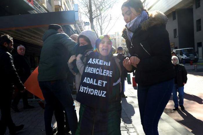 Since her protests began last September, Cetinkaya has been detained nearly 30 times. The picture shows her latest arrest, on February 8