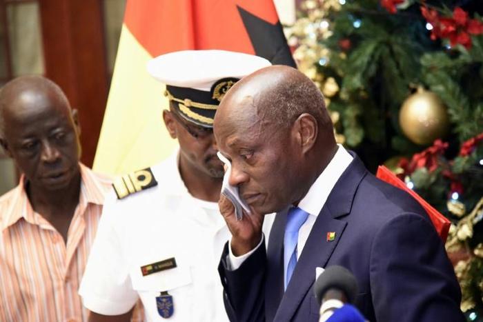 Tearful farewell: Head of state Jose Mario Vaz delivers his final speech at the Presidential Palace in Bissau