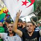 Algerian protesters, with the Berber flag in the background, chant slogans during anti-government demonstrations in the capital Algiers