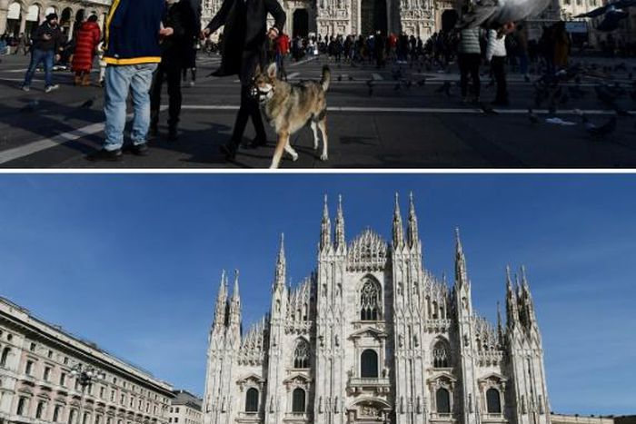 Combo of the Piazza del Duomo and the cathedral in Milan on February 3 (Top) and March 10 before and after restrictions were imposed to halt the spread of the COVID-19 disease