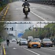 This combination of two pictures taken in Wuhan shows a man riding a motorcycle on a street on January 26, and motorists on the same street on April 1