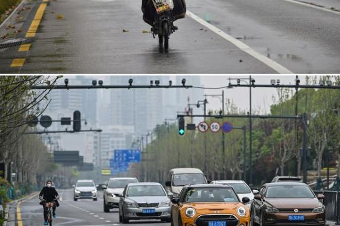 This combination of two pictures taken in Wuhan shows a man riding a motorcycle on a street on January 26, and motorists on the same street on April 1