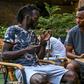 Real Kashmir players Armand Bazie (left) and Gnohere Krizo of Ivory Coast talk in their Srinagar hotel restaurant during the coronavirus lockdown