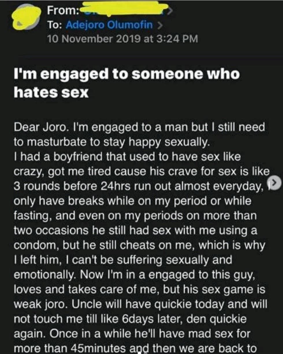 “I’m engaged to a man who hates sex, masturbation is what’s saving me” – Woman seeks advice