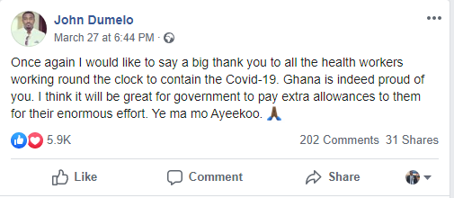 John Dumelo's Facebook post
