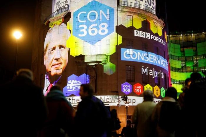 The BBC projected its exit polls on the exterior of its London headquarters on election night