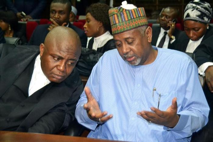 Sambo Dasuki (R) is accused of siphoning money earmarked for the fight against Islamic militant group Boko Haram and allegedly using it to help bankroll former president Goodluck Jonathan's failed re-election campaign in 2015