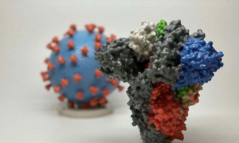 A 3D print of a spike protein of SARS-CoV-2, the virus that causes COVID-19 -- in front of a 3D print of a SARS-CoV-2 virus particle