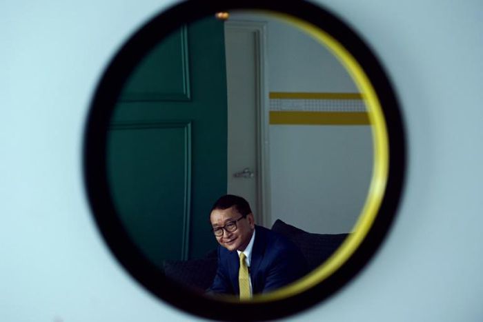 Cambodia's exiled opposition figurehead Sam Rainsy during an interview with AFP in Kuala Lumpur