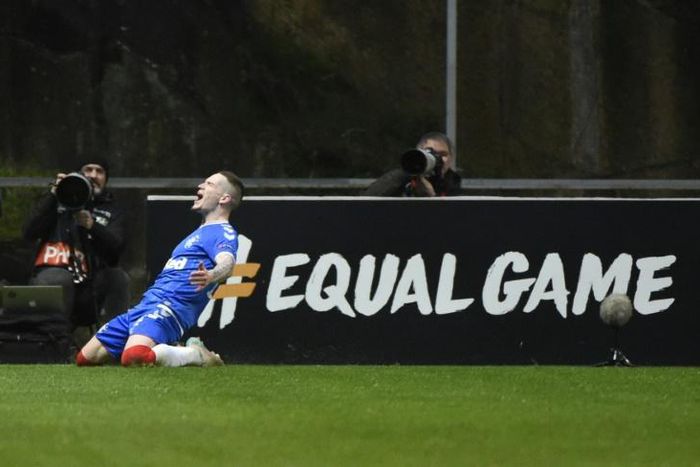 Ryan Kent celebrates the only goal of Rangers 1-0 win over Braga to reach the last 16 of the Europa League