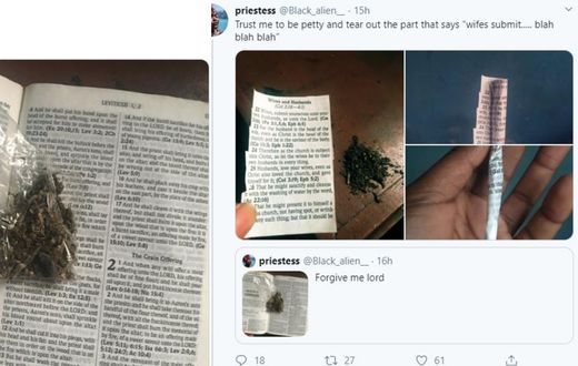 Angry feminist tears out part of the Bible asking women to be submissive, uses it to smoke wee