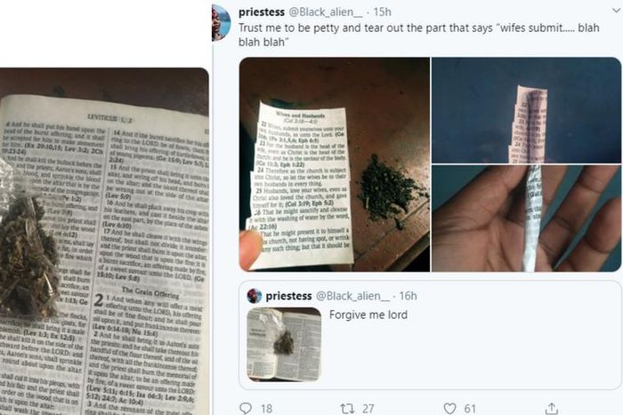 Angry feminist tears out part of the Bible asking women to be submissive, uses it to smoke wee