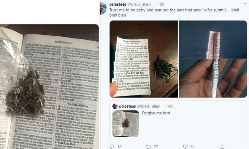 Angry feminist tears out part of the Bible asking women to be submissive, uses it to smoke wee