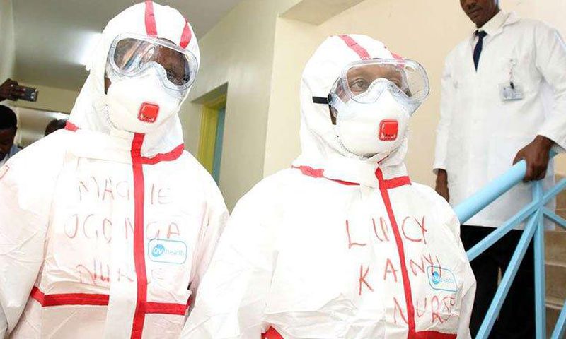 File image of medics wearing protective gear at Mbagathi Hospital in Nairobi where an isolation and treatment centre for the new coronavirus was set up on March 6