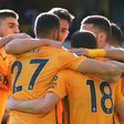 Wolves celebrate Diogo Jota's second goal in a 3-0 win against Norwich in the Premier League