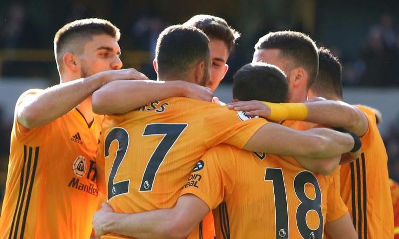 Wolves celebrate Diogo Jota's second goal in a 3-0 win against Norwich in the Premier League