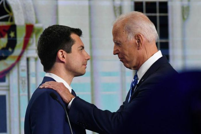 Former Indiana mayor Pete Buttigieg (L) has endorsed former US vice president Joe Biden for president, shortly after abandoning his own White House hopes