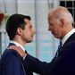 Former Indiana mayor Pete Buttigieg (L) has endorsed former US vice president Joe Biden for president, shortly after abandoning his own White House hopes