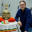 Dutch-Ethiopian Sirak Asfaw, left, and art detective Arthur Brand pose with the crown at a high-security facility in the Netherlands in September last year