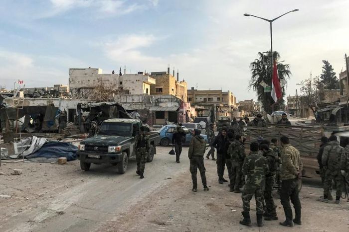 Syrian army soldiers in the town of Saraqib in the northwestern Idlib province on March 6, 2020, as government forces assumed control over the town