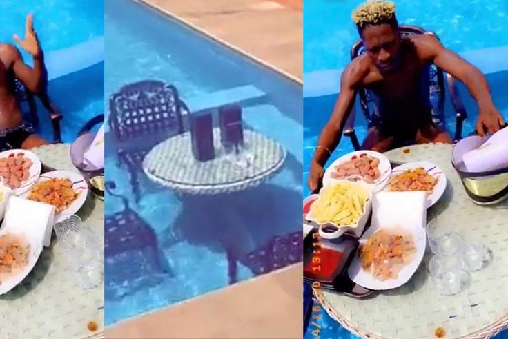 Shatta Wale's lunch in his swimming pool