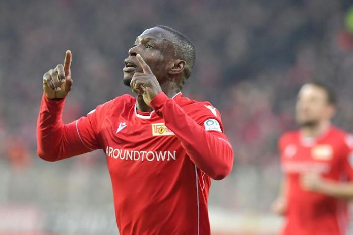 Nigeria forward Anthony Ujah celebrates scoring the opening goal in FC Union Berlin's 2-0 win over Bundesliga leaders Borussia Moenchengladbach on Saturday.