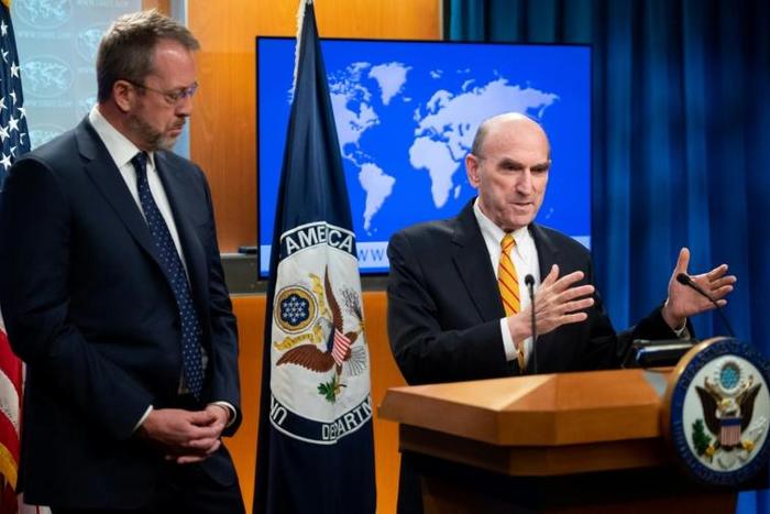 US Special Representative for Venezuela Elliott Abrams (right) and Charge d'Affaires for Venezuela James Story speak at the State Department