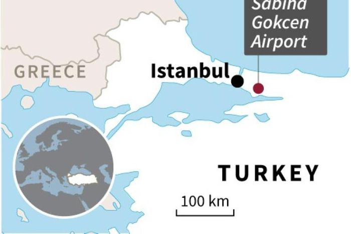 Map locating the Sabiha Gokcen airport in Istanbul, where a plane skidded off the runway.