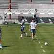 Bayern Munich outfield players (from left) Joshua Zirkzee, Alphonso Davies, Robert Lewandowski and Kingsley Coman keep their distance at Monday's training session
