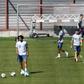 Bayern Munich outfield players (from left) Joshua Zirkzee, Alphonso Davies, Robert Lewandowski and Kingsley Coman keep their distance at Monday's training session