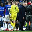 Sent off - Everton manager Carlo Ancelotti (C) remonstrates with referee Chris Kavanagh (unseen) before being shown a red card in a 1-1 draw with Manchester United