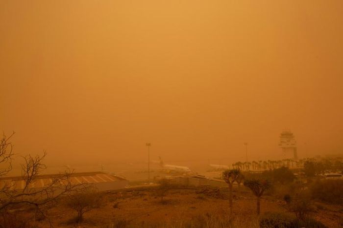 Planes were grounded across the Canary Islands after strong winds brought in red sand from the Sahara