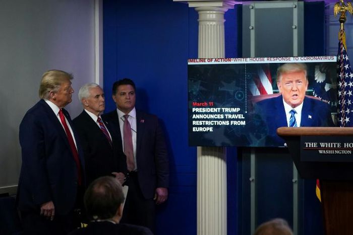 US President Donald Trump aired a self-congratulatory video on his handling of the coronavirus outbreak during his April 13, 2020 pandemic task force briefing at the White House
