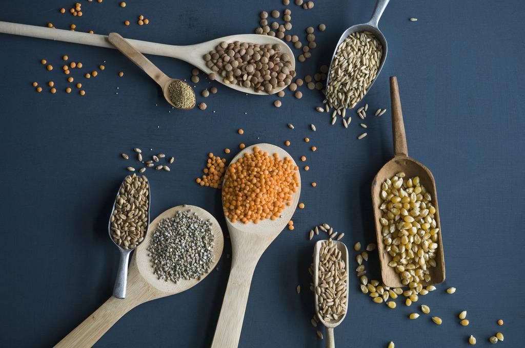 Red lentils, brown lentils, amarant, wheat, spelt wheat and corn on spoons