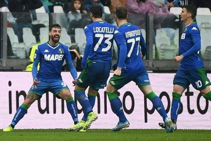 Francesco Caputo (L) after scoring a brace for Sassuolo in their first-ever top flight win over Roma on February 1.