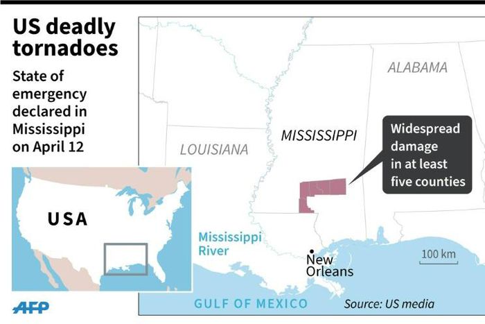 Map of the US state of Mississippi where least six people were killed in tornadoes on Sunday