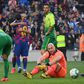 Lionel Messi celebrates with Martin Braithwaite after Braithwaite set up Messi's fourth goal in Barcelona's 5-0 win over Eibar on Saturday.