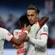 Yussuf Poulsen celebrates scoring in RB Leipzig's 3-1 home win over Augsburg