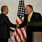 US Secretary of State Mike Pompeo (right) shakes hands with Colombia President Ivan Duque as the two meet in Bogota to discuss the humanitarian crisis in Venezuela