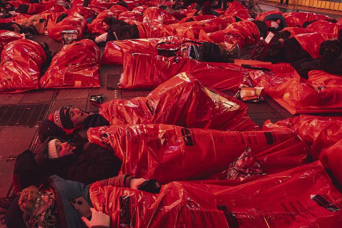 Hundreds Spend the Night in Sleeping Bags on Times Square