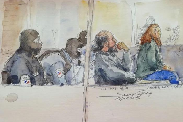 Artist's impresison shows Clain (right) and her husband (second right) during the trial in Paris