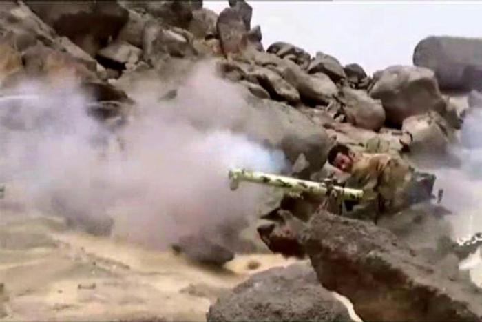 A Huthi fighter in Yemen appears to fire an anti-tank missile in footage broadcast in September 2019 by Ansarullah television